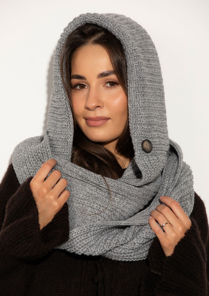 Hood Wrap - Dzianinowy kaptur z otulającym szalem Szary Melanż