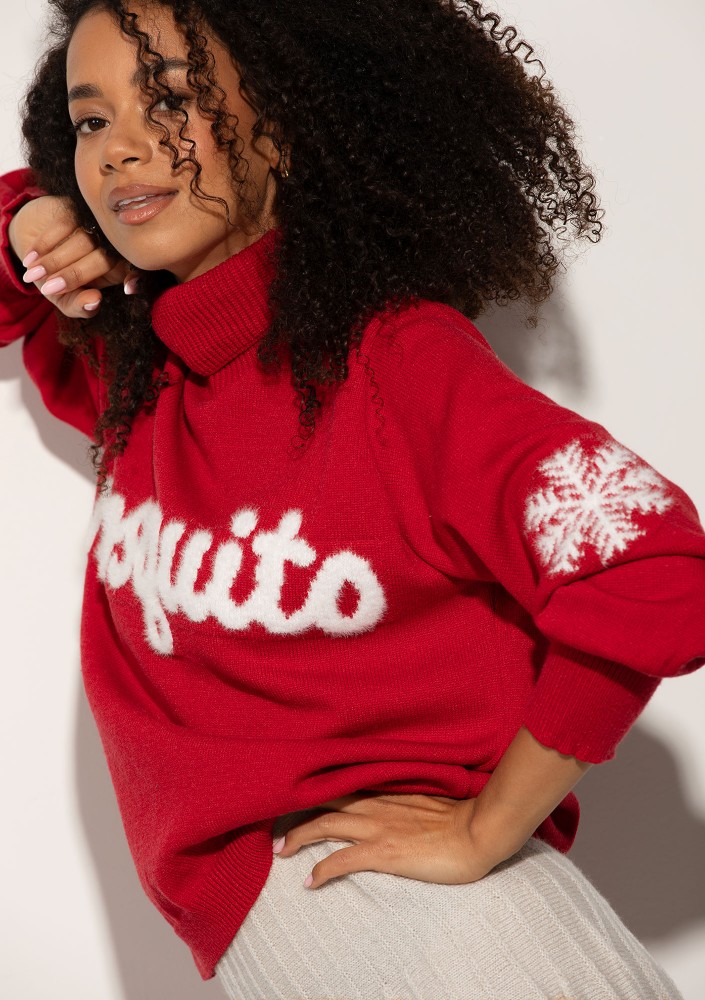 Flurry - Red sweater with a fluffy logo and snowflakes