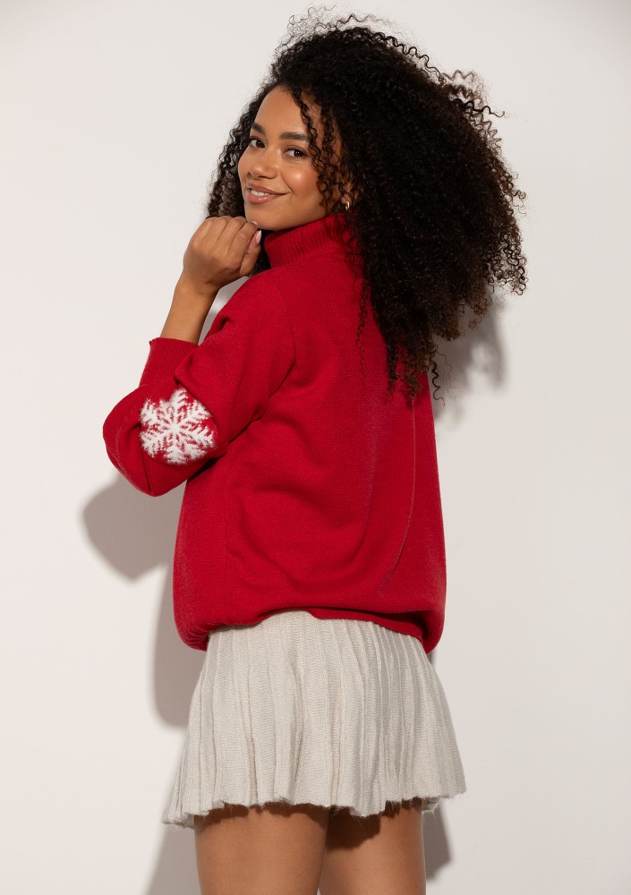 Flurry - Red sweater with a fluffy logo and snowflakes