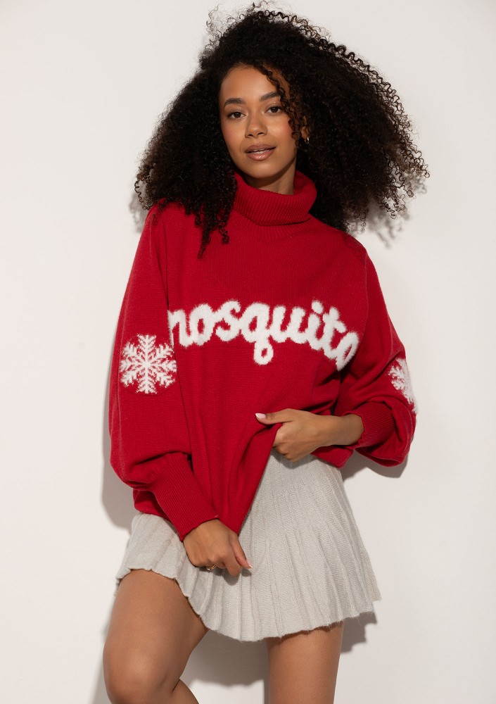 Flurry - Red sweater with a fluffy logo and snowflakes