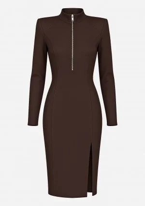 Mira - Brown zip-up midi dress