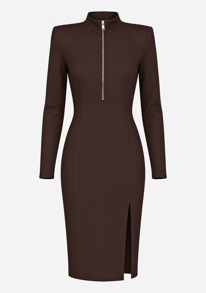 Mira - Brown zip-up midi dress