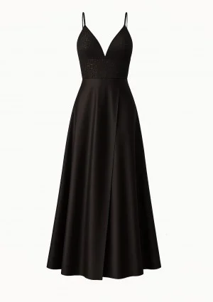 Selena - Shiny black satin maxi dress