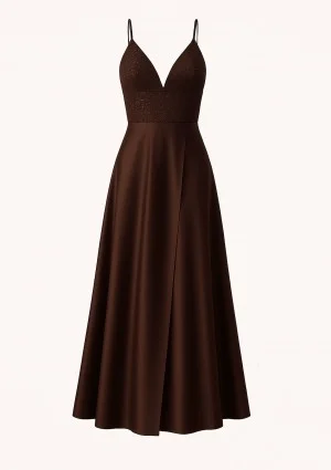 Selena - Shiny brown satin maxi dress