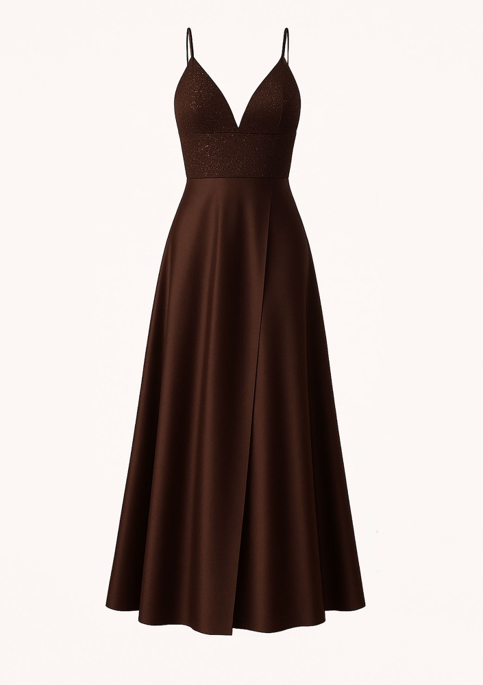 Selena - Shiny brown satin maxi dress