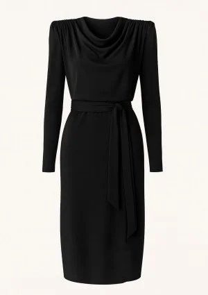 Drip - Black midi dress with a belt and flowing neckline