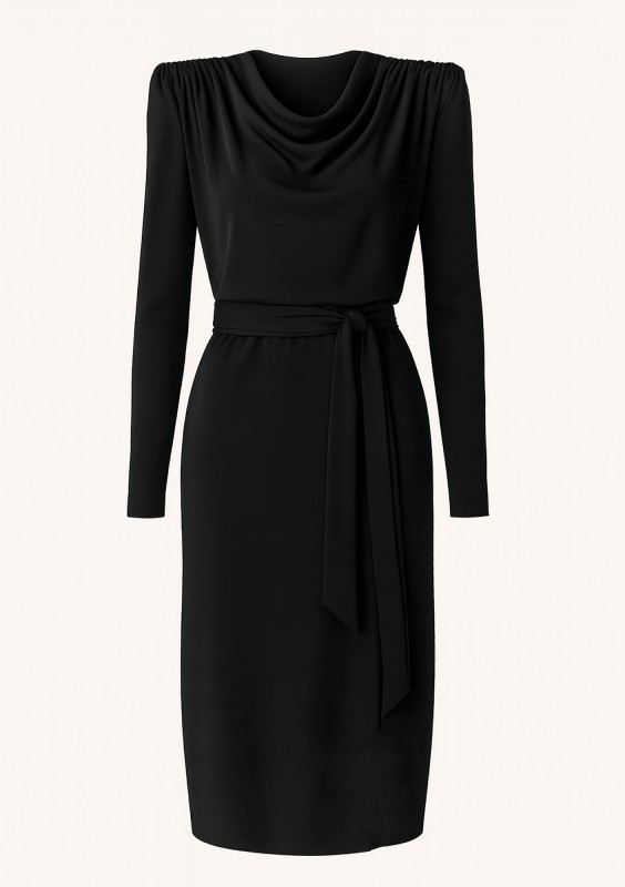 Drip - Black midi dress with a belt and flowing neckline