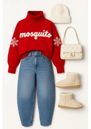 Flurry - Red sweater with a fluffy logo and snowflakes