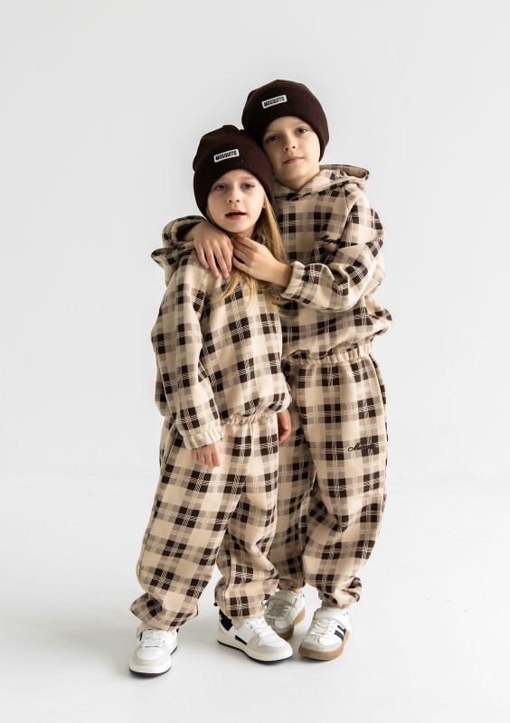 Loom - Bluza dziecięca z kapturem w kratę Beige