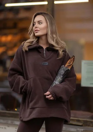 Yale Zip - Brown micro fleece-lined oversize jumper