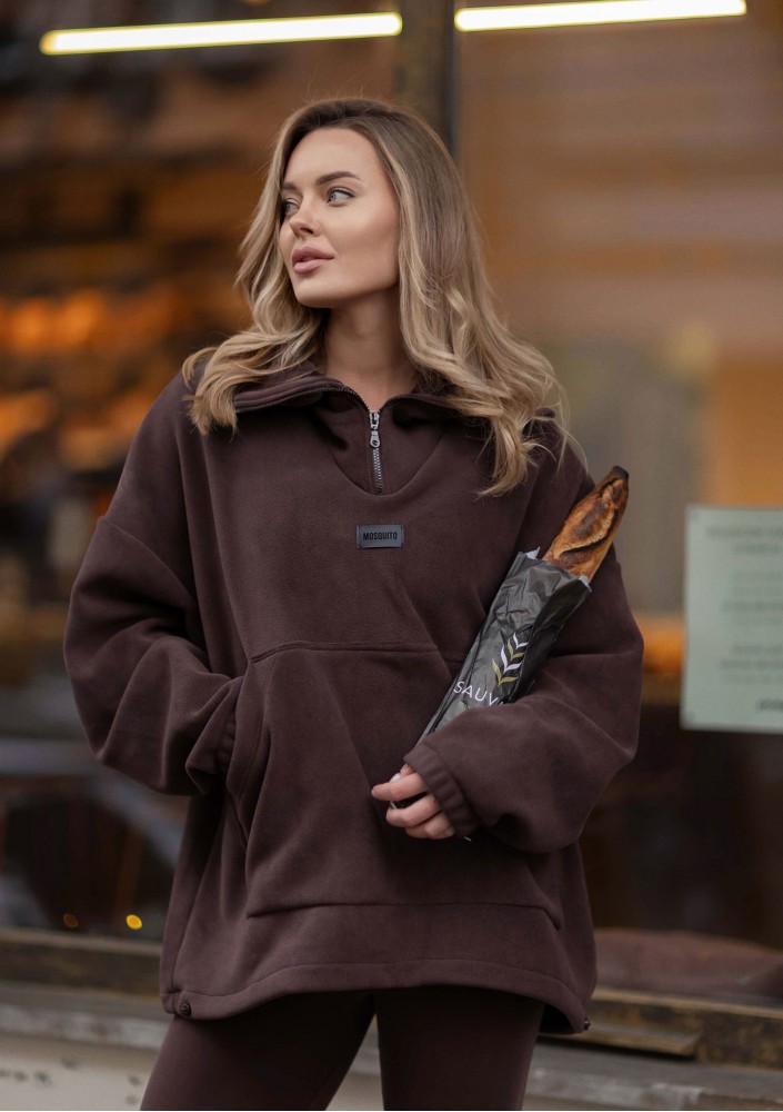 Yale Zip - Brown micro fleece-lined oversize jumper