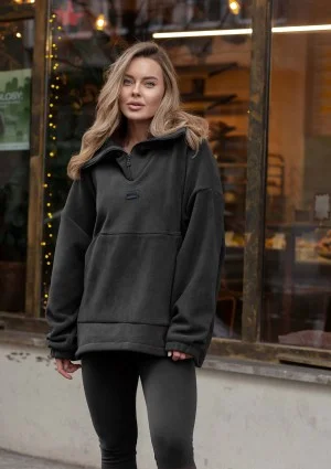 Yale Zip - Black micro fleece-lined oversize jumper