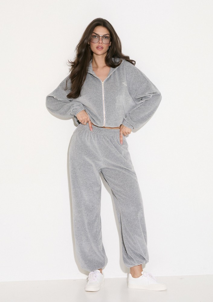 Lush - Bluza welurowa na zamek z kapturem Grey Melange