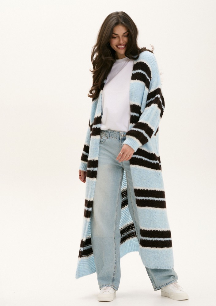 - Light blue striped knit maxi cardigan