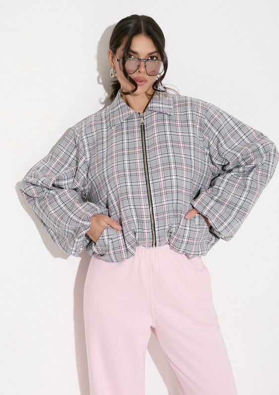 Cane - Grey and pink checked bomber jacket