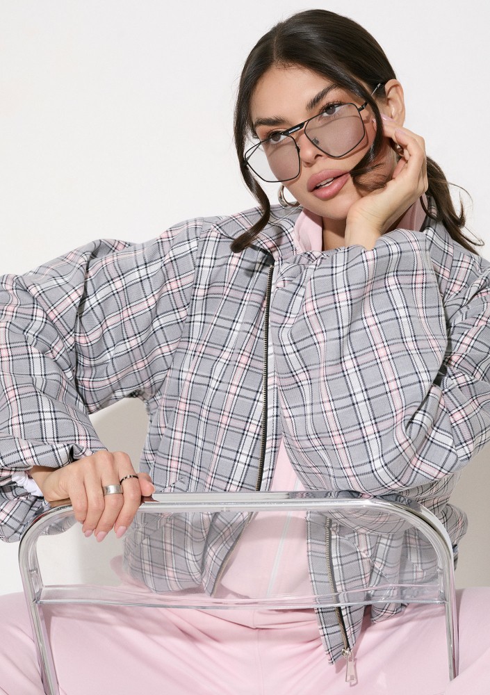 Cane - Grey and pink checked bomber jacket
