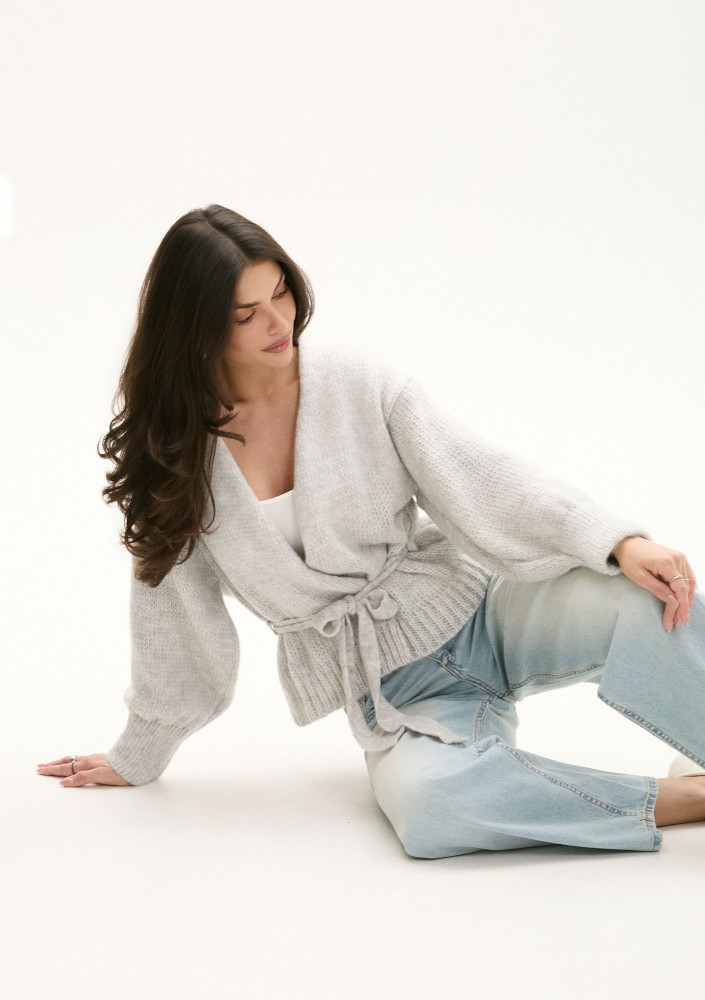 Eve - Miękki kardigan z paskiem Szary Melanż