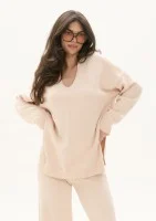 Yoko - Dzianinowy sweter z kołnierzykiem polo o wydłużonym kroju Beżowy