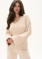 Yuki - Prążkowany sweter z dekoltem V  Beżowy
