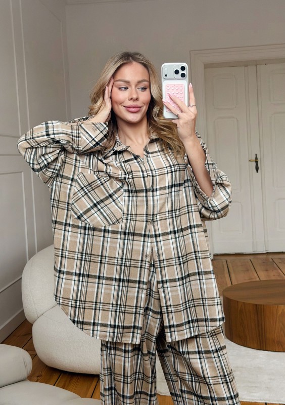 Duty - Koszula oversize z miękkiej flaneli w kratę Beige