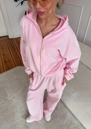 Lush - Bluza welurowa na zamek z kapturem Pastel Pink