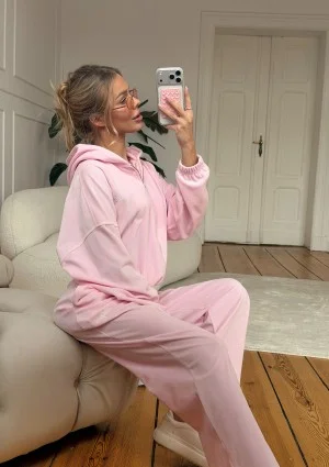 Lush - Bluza welurowa na zamek z kapturem Pastel Pink