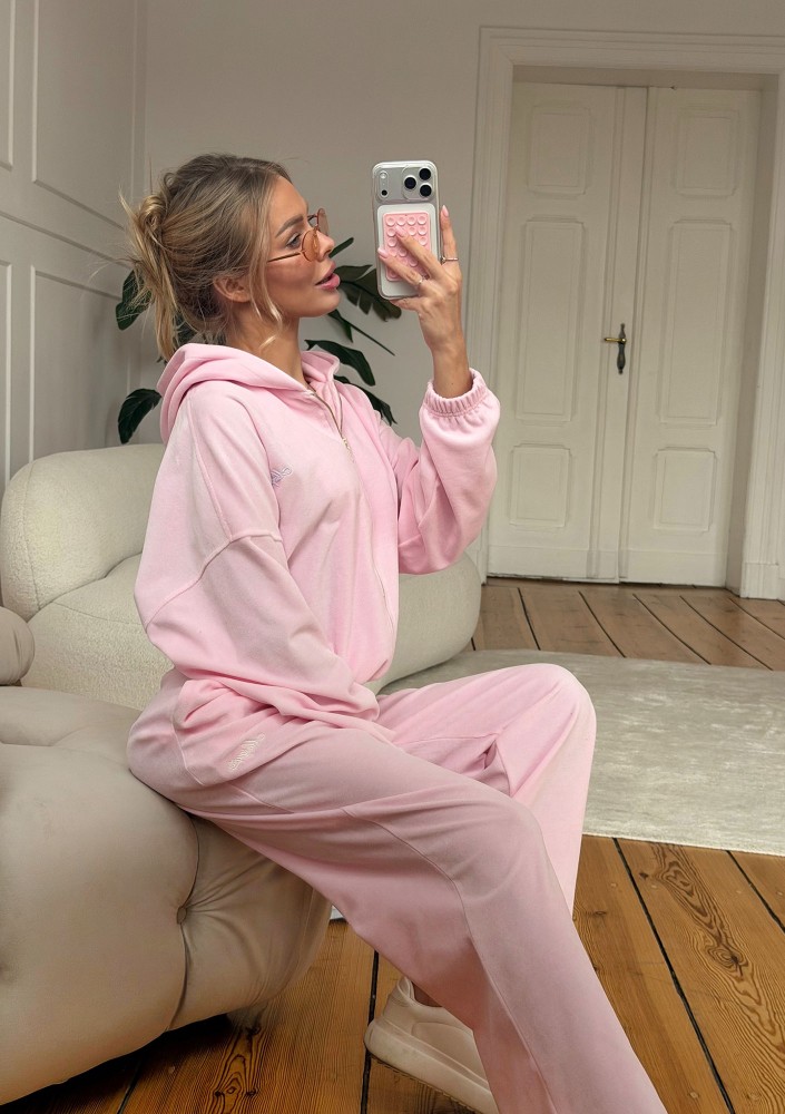 Lush - Bluza welurowa na zamek z kapturem Pastel Pink