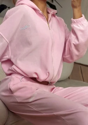 Lush - Bluza welurowa na zamek z kapturem Pastel Pink