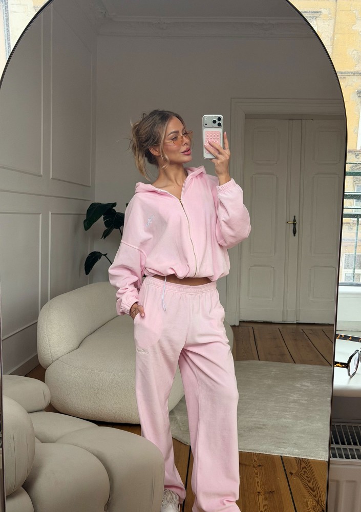 Lush - Bluza welurowa na zamek z kapturem Pastel Pink