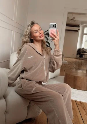 Lush - Latte beige zipped velvet hoodie