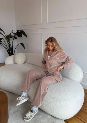 Lush - Bluza welurowa na zamek z kapturem beż latte