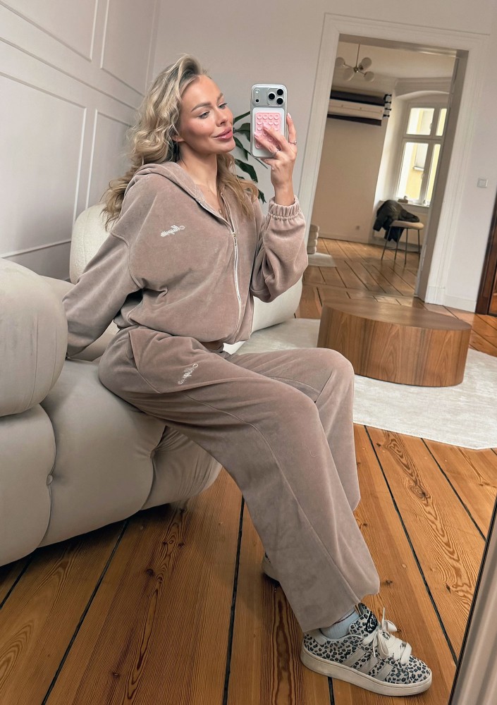 Lush - Bluza welurowa na zamek z kapturem beż latte