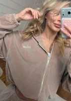 Lush - Bluza welurowa na zamek z kapturem Latte