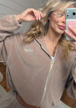 Lush - Latte beige zipped velvet hoodie
