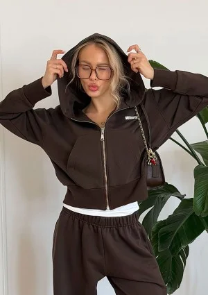 Roxy - Short dark chocolate brown zipped jumper with a hood