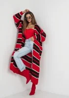 Marin - Dzianinowy kardigan maxi w pasy Czerwony