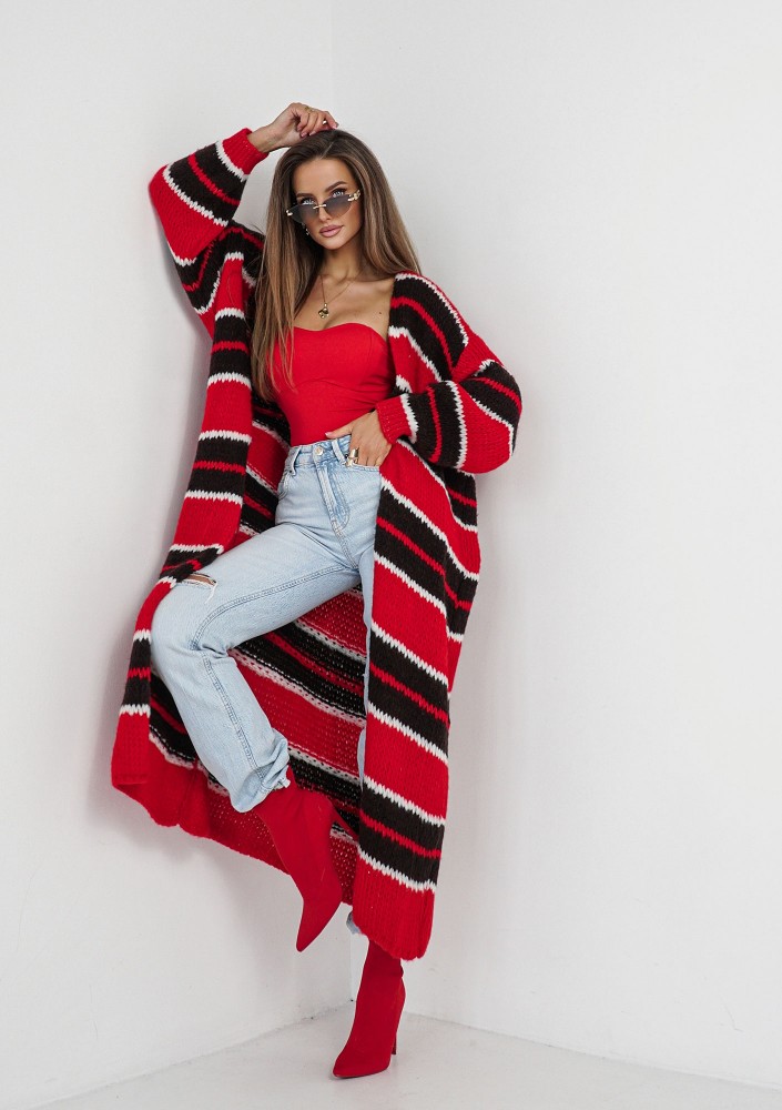 Marin - Dzianinowy kardigan maxi w pasy Czerwony