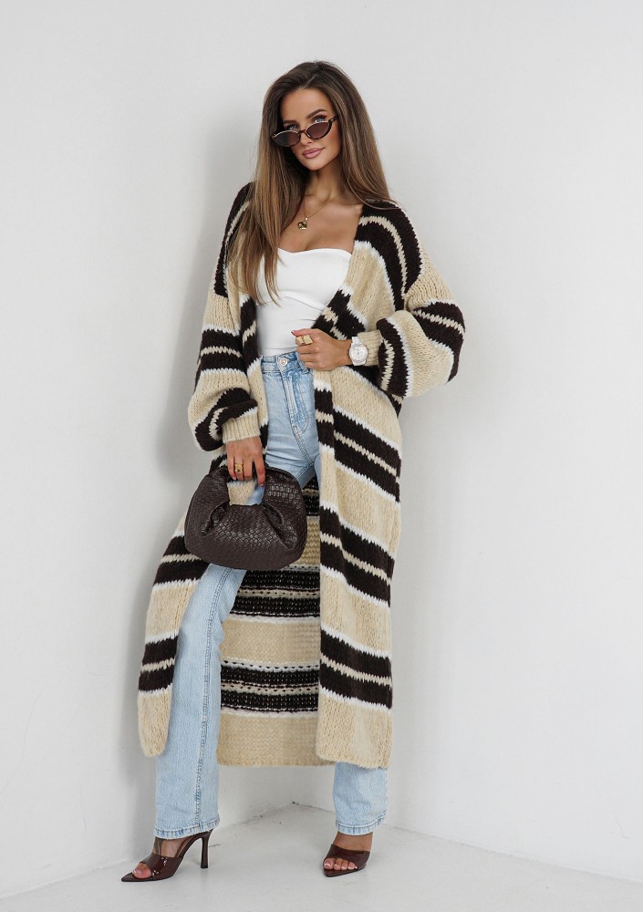 Marin - Beige striped knit maxi cardigan