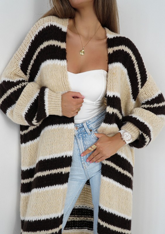 Marin - Beige striped knit maxi cardigan