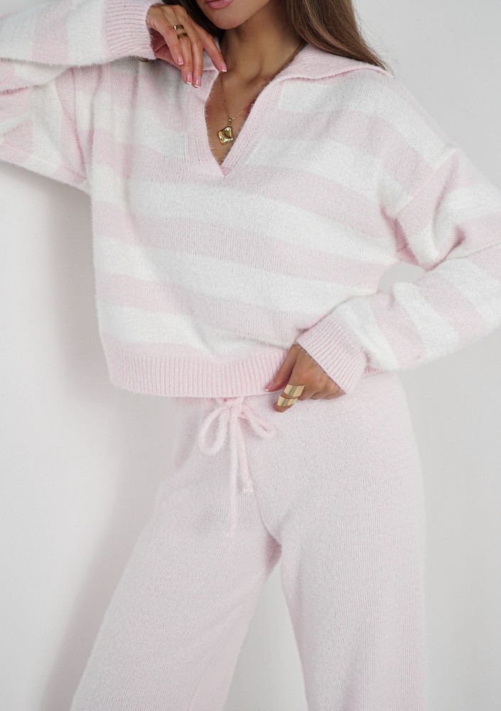 Vivi Soft - Sweter dzianinowy w paski z kołnierzykiem Różowy