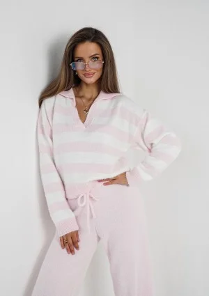 Vivi Soft - Sweter dzianinowy w paski z kołnierzykiem Różowy