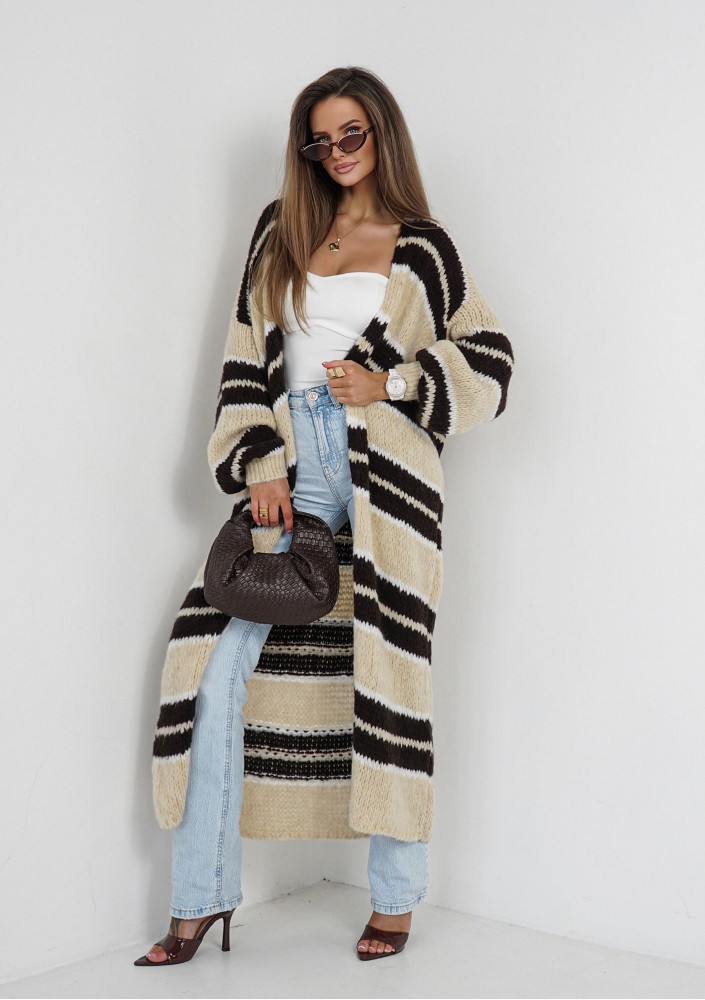 Marin - Beige striped knit maxi cardigan