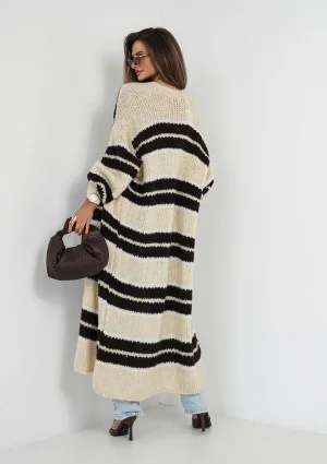 Marin - Beige striped knit maxi cardigan
