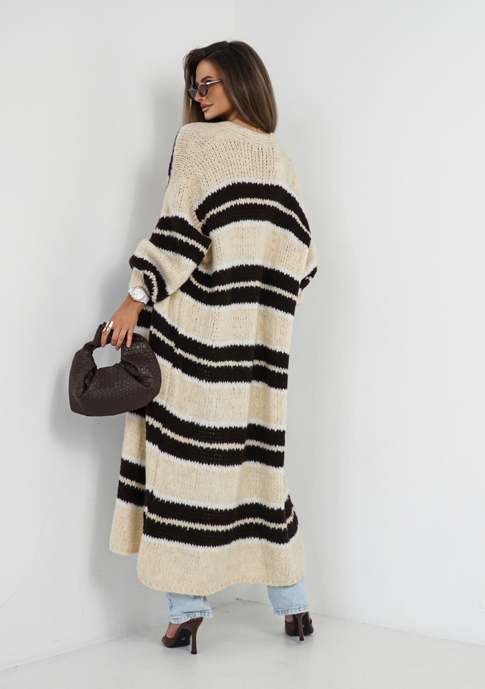 Marin - Beige striped knit maxi cardigan