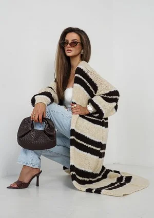 Marin - Beige striped knit maxi cardigan