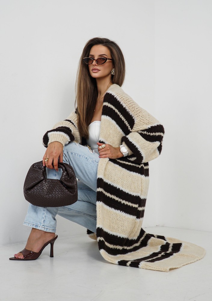 Marin - Beige striped knit maxi cardigan