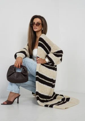 Marin - Beige striped knit maxi cardigan