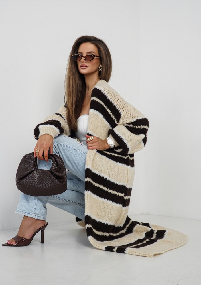 Marin - Beige striped knit maxi cardigan