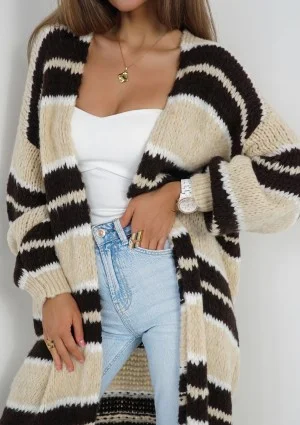Marin - Beige striped knit maxi cardigan