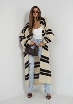 Marin - Beige striped knit maxi cardigan